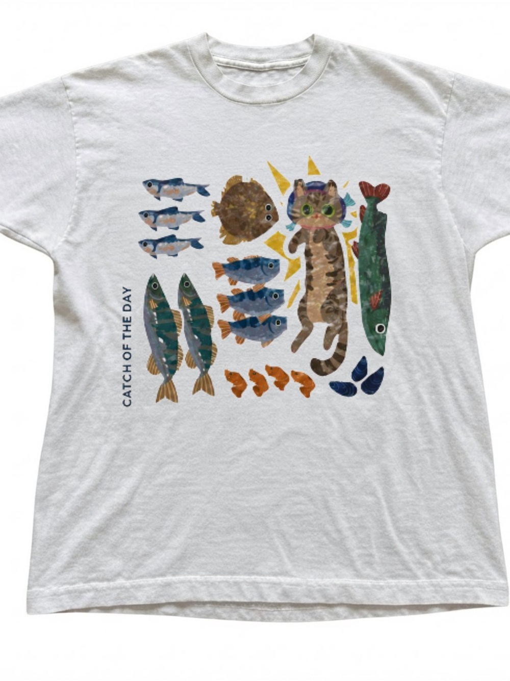 Cat Fishing Catch of the Day Graphic Tee Gildan White T-shirt